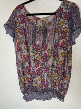 ONE WORLD Bohemian Floral Smocked Hem Short Sleeve Top multi-colored 2X festival